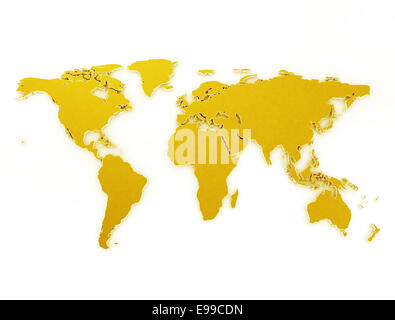 Gold Weltkarte 3d isoliert auf weißem Hintergrund Stockfoto