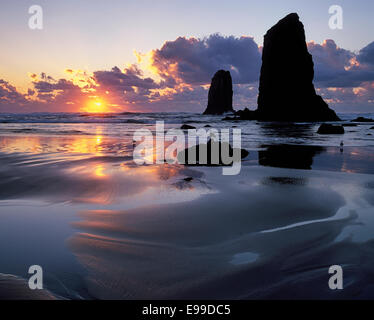 Bei Ebbe Reflexionen von der untergehenden Sonne und Nadeln-Meer-Stacks in der Silhouette an Oregons Cannon Beach. Stockfoto