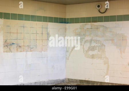 Schmutzigen gefliesten Wand an einer u-Bahnstation in der Southside von Chicago, IL, USA. Stockfoto