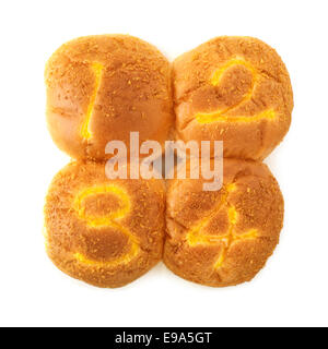 Runde Brötchen mit Ziffern Stockfoto