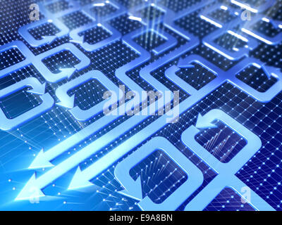 Abstrakte Technologie 3d Illustration. Verschiedene Pfeile auf blauem Hintergrund. Stockfoto