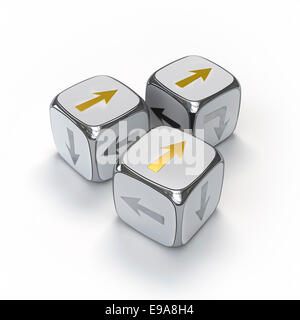 3D Silber Würfel mit Pfeilen Richtung zeigen. Konzeptionelle 3d Darstellung. Business-Strategie Stockfoto