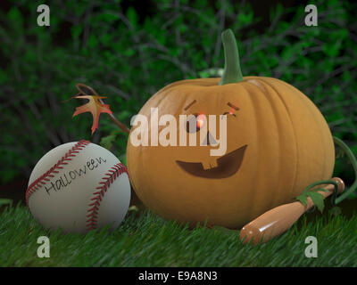 Lustige Kürbis Halloween im Baseball zu spielen. 3D-Illustration Urlaub. Stockfoto