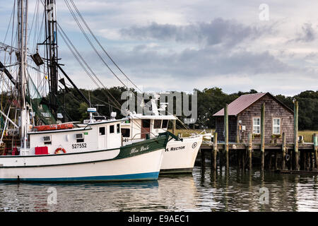 Krabbenkutter angedockt entlang Shem Creek in Mount Pleasant, South Carolina. Stockfoto