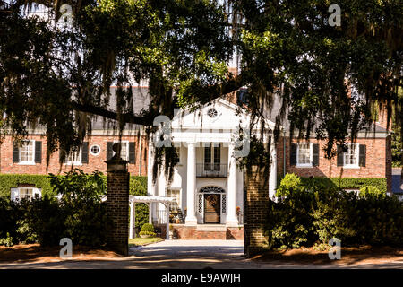 Die Colonial Revival-Plantage-Haus, umgeben von Eichen behängt mit spanischem Moos bei Boone Hall Plantation in Mt. Pleasant, South Carolina. Stockfoto