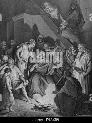 Illustrierte Bibel. Neuen Testaments. St. Petrus Christus zu leugnen. Zeichnung von Gustave Dore (1832-1883). des 19. Jahrhunderts. Gravur. Stockfoto