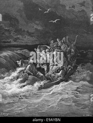 Illustrierte Bibel. Neuen Testaments. Tempest. Zeichnung von Gustave Dore. Stockfoto