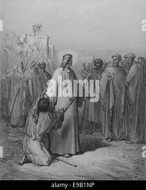 Illustrierte Bibel. Neuen Testaments. Jesus, Heilung des Mannes mit einem Teufel besessen. Zeichnung von Gustave Dore. Kupferstich von Piaud. Gos Stockfoto