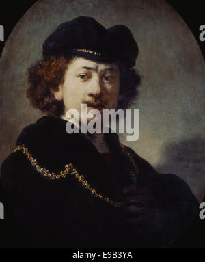 Rembrandt (1606-1669). Niederländischer Maler. Selbstporträt, trägt eine Mütze und eine goldene Kette, 1633. Öl auf Holz. Stockfoto