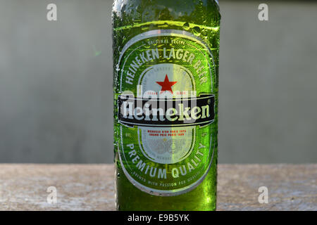 Heineken Flasche auf einem Picknicktisch Stockfoto