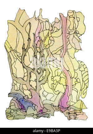 Jugendstil-Landschaft-gelb. Abstrakte original Aquarell Hintergrundtextur. Stockfoto