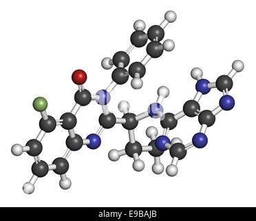 Idelalisib Leukämie Wirkstoffmolekül. Inhibitor der Phosphoinositide 3-Kinase (PI3K). Atome sind als Kugeln mit Singletouch vertreten. Stockfoto