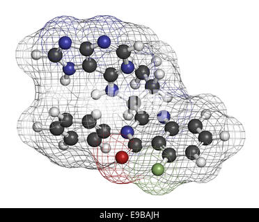 Idelalisib Leukämie Wirkstoffmolekül. Inhibitor der Phosphoinositide 3-Kinase (PI3K). Atome sind als Kugeln mit Singletouch vertreten. Stockfoto