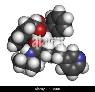 Indinavir HIV Wirkstoffmolekül. Protease-Inhibitor-Klasse gehört. Atome sind als Kugeln mit herkömmlichen Farbe Codin vertreten. Stockfoto