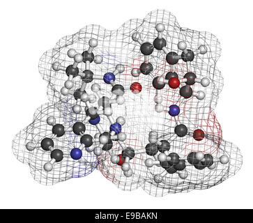 Indinavir HIV Wirkstoffmolekül. Protease-Inhibitor-Klasse gehört. Atome sind als Kugeln mit herkömmlichen Farbe Codin vertreten. Stockfoto