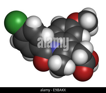 Indometacin (Indometacin) nicht-steroidale entzündungshemmende Medikament (NSAID) Molekül. Atome sind als Kugeln mit Singletouch vertreten. Stockfoto