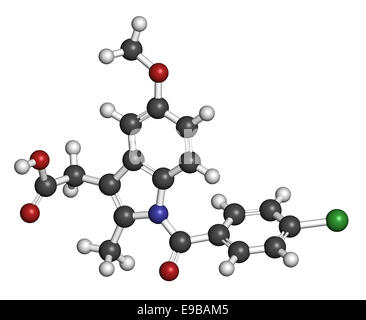 Indometacin (Indometacin) nicht-steroidale entzündungshemmende Medikament (NSAID) Molekül. Atome sind als Kugeln mit Singletouch vertreten. Stockfoto