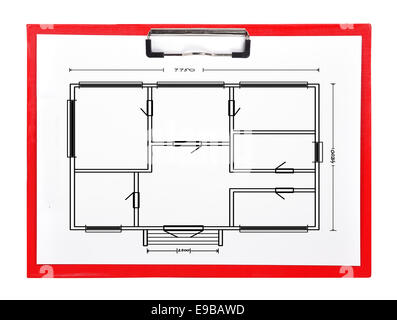 Kunststoff rot Zwischenablage mit Wohnung Plan zeichnen Stockfoto