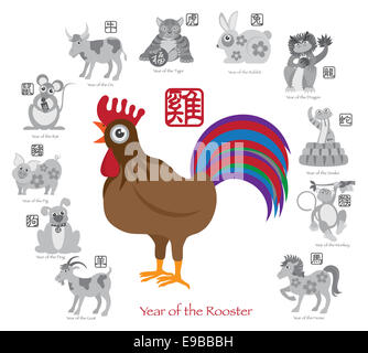 Chinese New Year der Hahn Farbe mit zwölf Tierkreise mit chinesischen Symbol für Ratte Ochse Tiger Dragon Kaninchen Schlange Affe Pferd Stockfoto