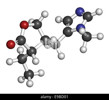 Pilocarpin Alkaloid Wirkstoffmolekül. Verwendet in der Behandlung von Glaukom und Mundtrockenheit (Xerostomie). Atome werden als Kugeln w dargestellt. Stockfoto