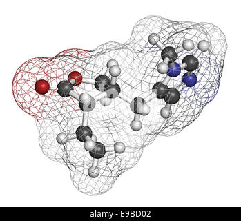 Pilocarpin Alkaloid Wirkstoffmolekül. Verwendet in der Behandlung von Glaukom und Mundtrockenheit (Xerostomie). Atome werden als Kugeln w dargestellt. Stockfoto