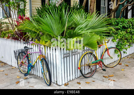 Key West Florida, Keys Fleming Street, Haushäuser Häuser Häuser Häuser Residenz, Haus, private Residenz, weißer Zaun, bunt, Fahrräder, tropisches lan Stockfoto