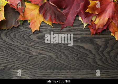 Herbstlaub auf alten Eichentisch direkt von oben Stockfoto