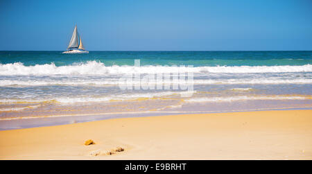 Yacht im Meer nahe der Küste Stockfoto