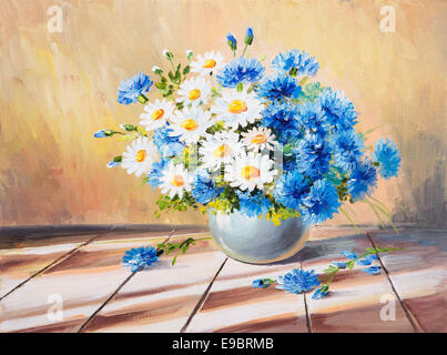 Ölgemälde Stilleben, Blumenstrauß auf einem Holztisch, schöne Margeriten Stockfoto