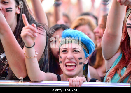 BARCELONA - 23 Mai: Mädchen aus dem Publikum vor der Bühne anfeuern ihrer Idole beim Primavera Pop Festival. Stockfoto