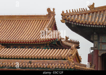 26. Oktober 2006 - Peking, China - Chinesisch (traditionell) palastartige Architektur durch den reich verzierten Dächern der verbotenen Stadt illustriert wird Strukturen mit gelben Kacheln, da Gelb ist das Symbol der königlichen Familie. Tier-Form Ornamente besetzen das Dach Ecken bilden eine nach außen marschierende Prozession deren Zahlen zeigen die Seniorität des Gebäudes und des Eigentümers. (Kredit-Bild: © Arnold Drapkin/ZUMA Draht) Stockfoto