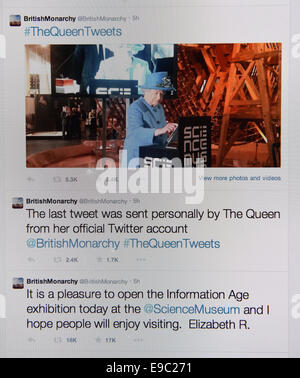 London, UK. 24. Oktober 2014. Kredit-Königin sendet ihre erste Twitter-Nachricht aus dem Science Museum in London, England, UK 24. Oktober 2014: Dorset Media Service/Alamy Live News Stockfoto