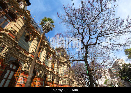 Der 'Palacio de Aguas Corrientes' mit Jacaranda-Bäumen im Frühling. Balvanera, Buenos Aires, Argentinien. Stockfoto