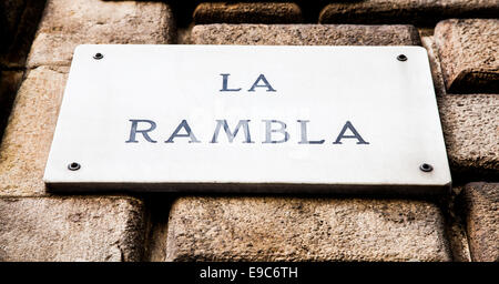 Streetsign der berühmten Straße La Rambla in Barcelona, Spanien Stockfoto