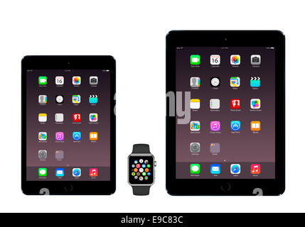 Tabletten, iPad Mini 3, iPad 2 Luftraum grau, Apple Watch Sport mit Ikonen Startbildschirm mit dem weißen Hintergrund. Stockfoto
