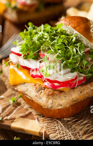 Hausgemachte vegetarische Soja Tofu-Burger mit Pommes frites Stockfoto