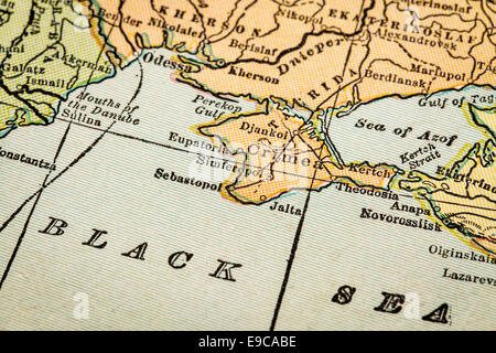 Krim und Schwarzmeer Küste in Landkartenansicht Jahrgang der 1920er Jahre, selektiven Fokus (gedruckt im Jahre 1926 - Urheberrechte abgelaufen) Stockfoto