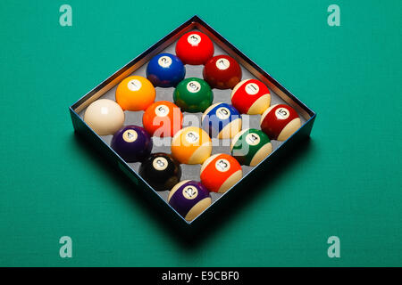 Draufsicht auf eine ganze Reihe von Snooker Kugeln in einer box Stockfoto