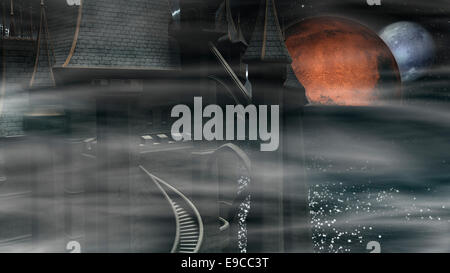 Dunkle geheimnisvolle Burg am Meer Hintergrund mit zwei Planeten Stockfoto