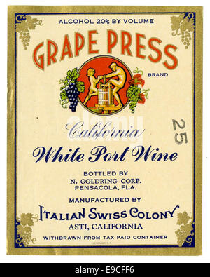 Weinetikett, italienische Schweizerkolonie Traube Presse Marke California weißen Portwein Stockfoto