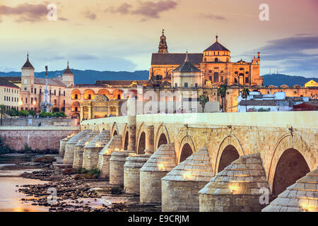 Córdoba, Spanien Blick auf die römische Brücke und die Moschee-Kathedrale am Fluss Guadalquivir. Stockfoto