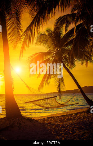 Hängematte Silhouette mit Palmen am Strand bei Sonnenuntergang Stockfoto