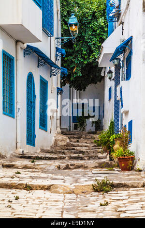 Steile, schmale, gepflasterte Gasse in Sidi Bou Said, Tunesien. Stockfoto