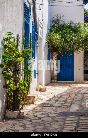 Schmale gepflasterte Gasse in der Medina von Sousse, Tunesien. Stockfoto