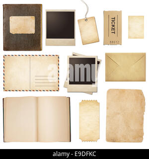 Alte e-Mail-Nachrichten, Papier, Buch, Polaroid Rahmen, Stempel, isoliert Stockfoto