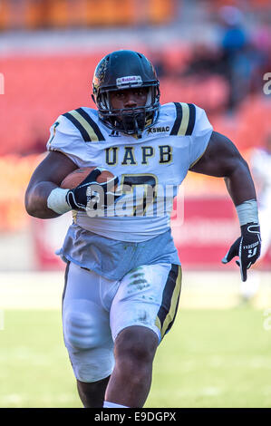 25. Oktober 2014 - Houston, Texas, USA: Arkansas-Pine Bluff Golden Lions-Tight-End CJ Zweig (7) nimmt positive Birdie während der NCAA Football-Spiel zwischen der University of Arkansas in Pine Bluff Golden Lions und die Texas Southern Tigers BBVA Compass Stadium, Houston, Tx. Arkansas-Pine Bluff schlagen TSU 38-37 Stockfoto