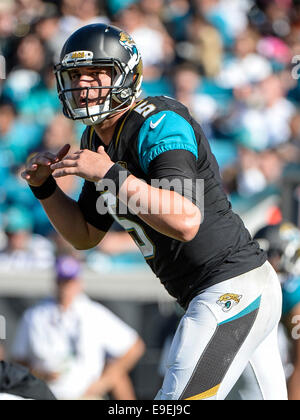 Jacksonville, FL, USA. 26. Oktober 2014. Jacksonville Jaguars quarterback Blake Bortles (5) während der zweiten Hälfte NFL Spiel Action zwischen den Miami Dolphins und den Jacksonville Jaguars. Delphine besiegte Jaguare 27-13 bei EverBank Field in Jacksonville, FL Credit: Cal Sport Media/Alamy Live News Stockfoto