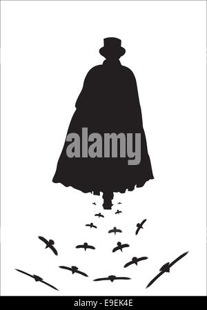 Eine Silhouette von Jack der Ripper walking mit Krähen auf einem weißen Hintergrund isoliert Stockfoto