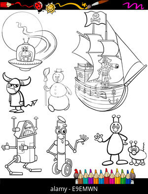 Coloring Book oder Seite Cartoon Illustration der schwarz / weiß Funny Running Früchte Gruppe für Kinder Stockfoto