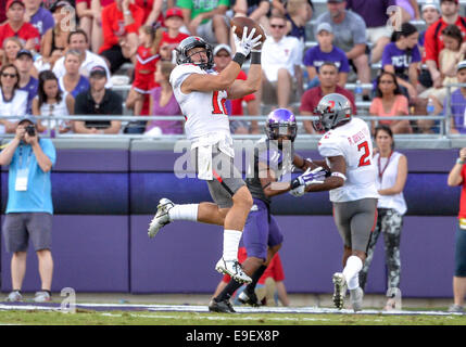 25. Oktober 2014:. Texas Tech Red Raiders Wide Receiver Ian Sadler (12) fängt einen Pass in die 10 yd von der NCAA Football-Spiel zwischen den Texas Tech Red Raiders und die TCU Horned Frogs im Amon G. Carter Stadium in Fort Worth, Texas. Stockfoto